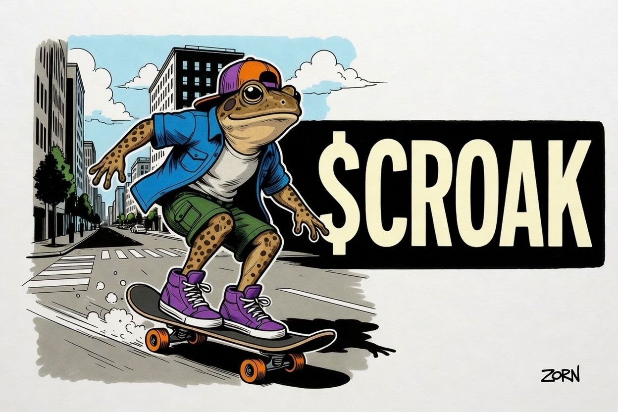 Frog skating through downtown past a $CROAK street sign