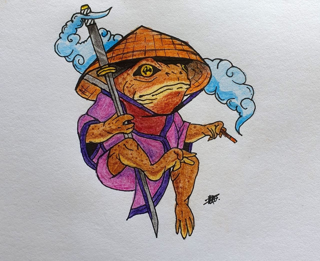 Ronin frog with sword and straw hat