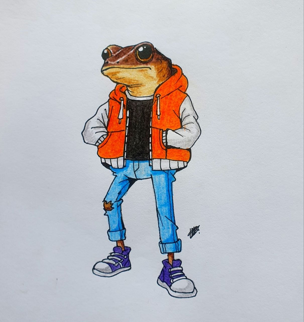 Frog in an orange puffer vest and jeans